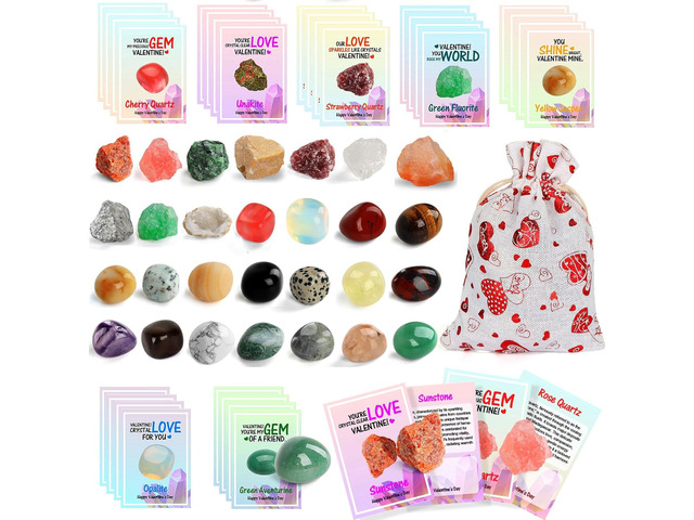 Gifts for Kids - 28 Pack Exchange Cards & Natural Gemstone Crystals Rocks Minerals Bulk,Cards for Boys Girls Classroom Party Favors