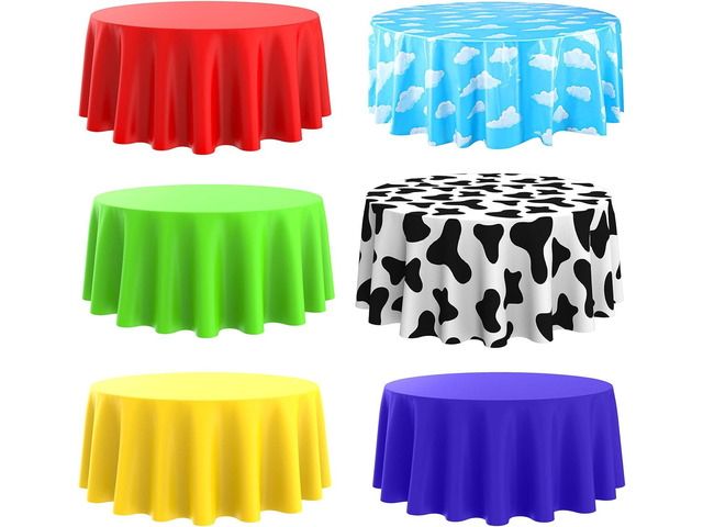 Kinlop 6 Pcs Cartoon Tablecloth Round 84 Inch Blue Sky and White Cloud Tablecloth Plastic Disposable Cow Table Cover Waterproof for Baby Shower...