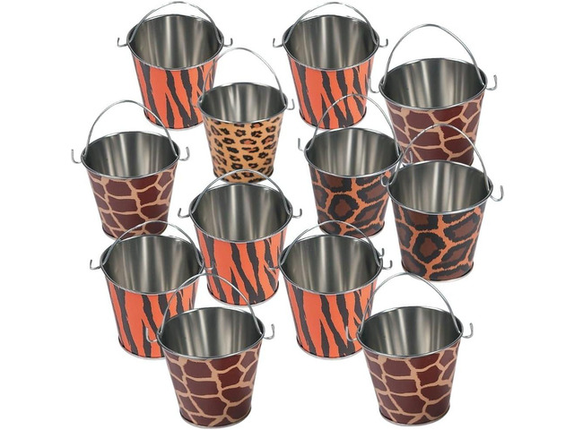 Fun Express Animal Print Safari Tin Pails (Set of 12) Party Supplies and Treat Favor Containers - VBS Vacation Bible School Supplies/Decor