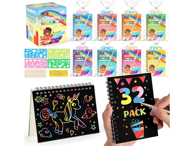 LovesTown 32 Pack Rainbow Scratch Art Notebook Party Favors Bulk for Kids, Rainbow Notebooks with Stencils & Classroom Prizes Bulk for Girls Boys...