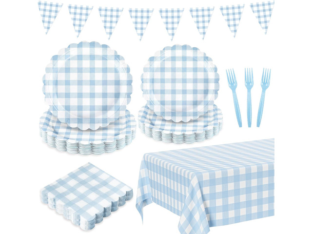 102 PCS Light Blue Gingham Party Supplies - Scalloped Plates, Napkins, Cups, Forks, Banner, Tablecloth for Baby Shower, Wedding, Birthday, Serves 25