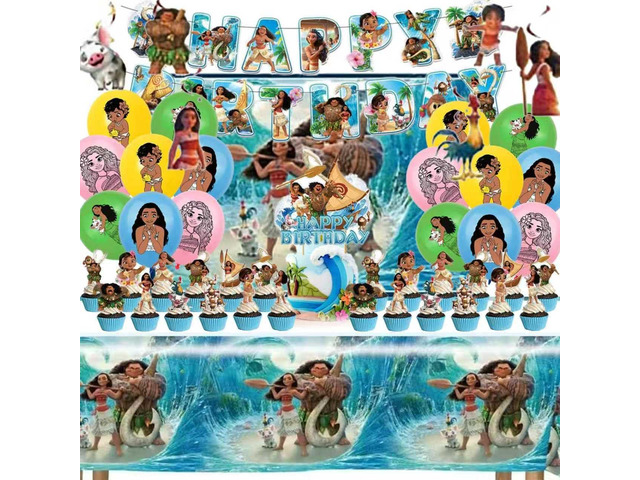 50Pcs Moana Birthday Party Supplies, Birthday Party Decorations Set Include Banner, Backdrop, Balloons, Hanging Swirls, Cake Cupcake Toppers,...