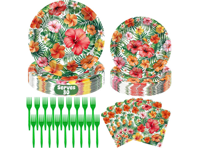 120 Pcs Hawaiian Tropical Party Decorations, Disposable Luau Hibiscus Floral Paper Plates Napkins and Forks Serve 30, Aloha Birthday Dinnerware Set...