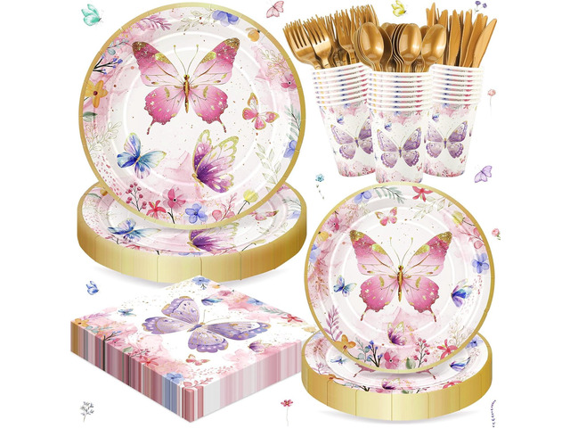 168PCS Butterfly Party Decorations, Butterfly Disposable Tableware Set with Paper Plates Napkins Cups Cutlery for 24 Guests, Flower Butterflies...