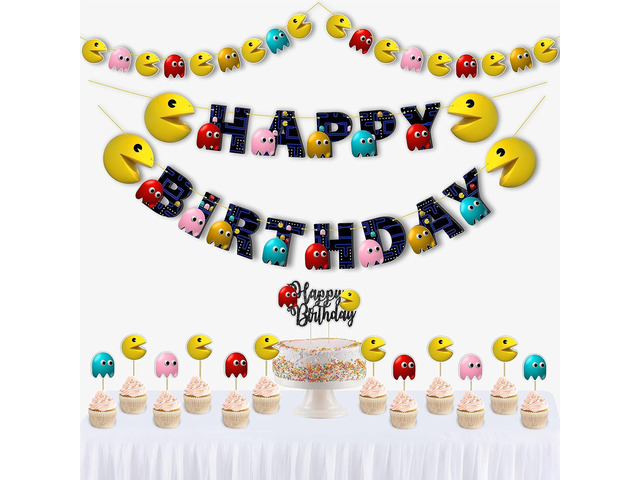 Pacmn Ghost Theme Birthday Decorations Retro Video Game Party Supplies for Adults Includes Cake Topper, Banner, Cupcake Toppers and Table Décor ...
