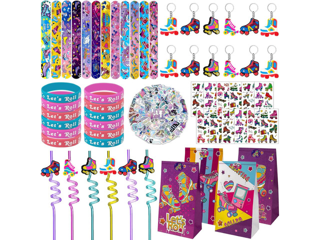 134 Pcs Roller Skate Party Favors Set with Straws Keychains Slap Bracelet Tattoo Roller Skate Stickers Wristbands Goodie Bags Roller Skating Party...