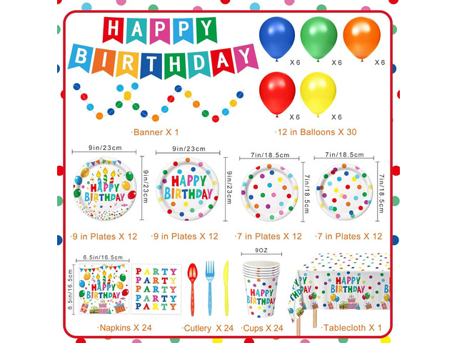 Happy Birthday Decorations - Colorful Dots Birthday Party Supplies Includes Plates, Napkins, Cups, Cutlery, Banner, Hanging Swirl, Tablecloth,...