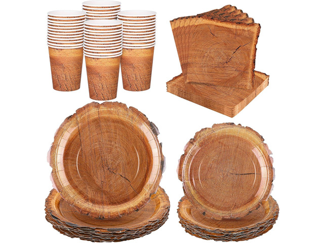 Kochorie 96 Pieces Wood Grain Slice Tableware Sets Rustic Wood Party Supplies Including Paper Plates, Napkins, Cups, Serves 24 for Camping Birthday...