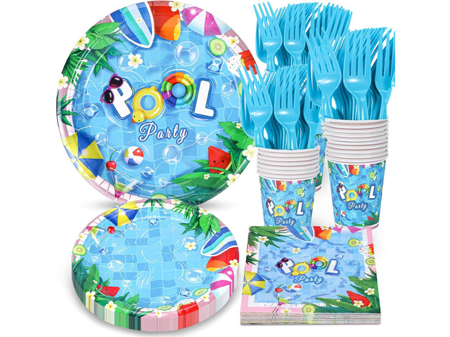 Atonofun Pool Party Supplies, Pool Plates and Napkins Set, Disposable Plates, Cups, Napkins and Forks for Birthday, Baby Shower, Summer Beach, Pool...