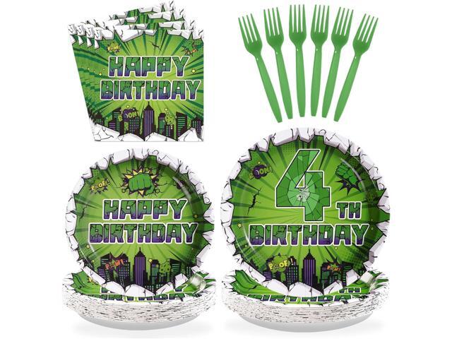 96Pcs Green Hero 4th Birthday Party Supplies Super Green Hero 4th Birthday Plates and Napkins Cityscape Super Bang Cartoon Movie Tableware Set for...