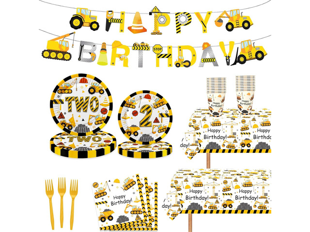118pcs Construction 2nd Birthday Decor Construction Two Years Old Paper Dinner Plates Napkins Forks Cups Tablecloth Banner Dinnerware for Dump...