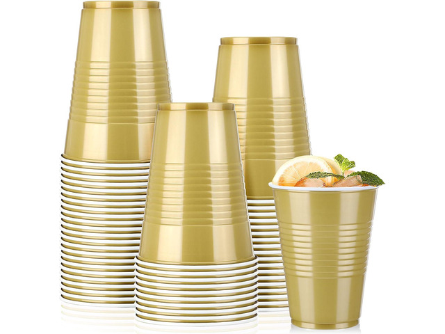 Mifoci 50 Pcs 16 oz Plastic Disposable Cups Graduation Plastic Drinking Cups for Wedding Birthday Party Picnics Barbecues Supplies(Gold)