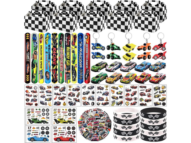 120 Pcs Race Car Party Favors Set with Keychains Slap Bracelets Tattoo Stickers Wristbands Treat Boxes Treat Bags Stuffers Race Car Party Supplies...