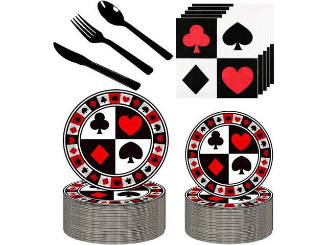 150Pcs Casino Poker Party Supplies - 9' & 7' Poker Paper Plates & Napkins - Knives, Forks, Spoons - Casino Theme Party Decorations