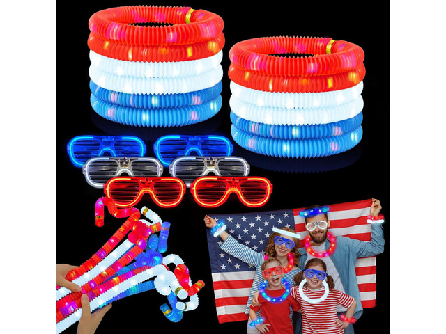 4th of July Red White Blue Glow Sticks & Glasses 12 PCS,Fourth of July Light up Necklace Bracelet Accessories for Toddler,250th Anniversary...