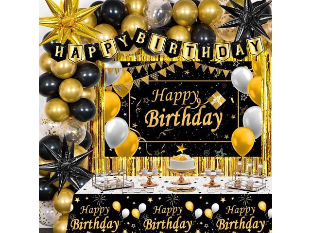 Black and Gold Birthday Decorations for Men Women, Black Gold Party Decorations Kit with Happy Birthday Banner Backdrop Tablecloth Foil Curtains...
