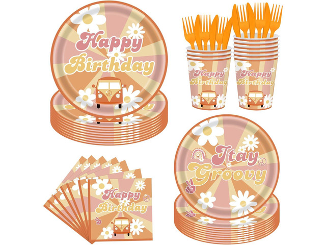 144Pcs Groovy Birthday Party Supplies Groovy Birthday Tableware Set Groovy Birthday Party Decorations Retro Boho Hippie Party Decorations Daisy...