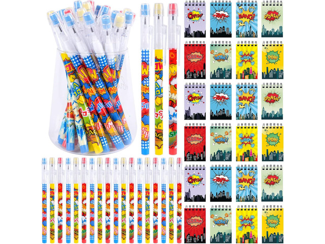 Kolewo4ever 48 Pieces Hero Text Theme Set:24Pcs Translucent Pencil Multipoint Non Sharpening Stackable Pencils 24Pcs Mini Spiral Notepad Memo Pad...