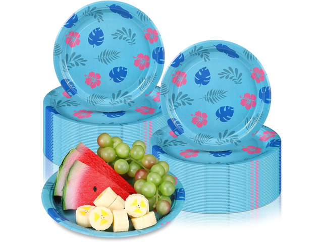 Zhehao 50 Pcs Birthday Party Plates 9 Inch Blue Cartoon Theme Disposable Paper Plates Tropical Hawaii Party Decorations for Summer Holiday
