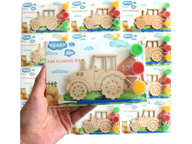 12 Pack Pre-Packaged Tractor Party Favors, Wooden Tractor Cutouts with Magnets & Painting Kits for Kids, Farm Theme Birthday Decorations & Thank...
