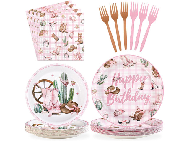 Grencian 96Pcs Western Cowgirl Birthday Party Decorations Coquette Bow Cowgirls Plates and Napkins Pink Cowgirls Tableware for Girls Western...