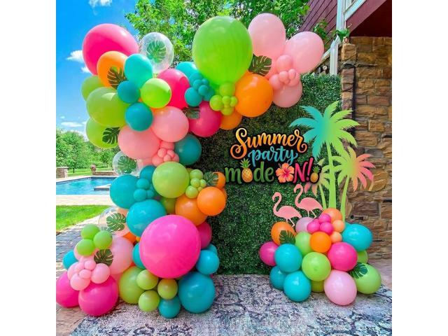 summer hawaii aloha balloons garlandkti 150pcs Hot Pink blue orange green balloons with Palm Leaves Balloons For Tropical luau Birthday Decorations.