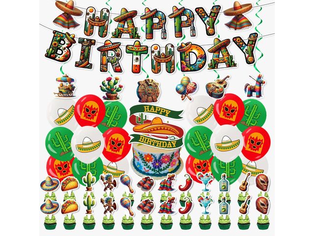 Mexican Birthday Decoration Set, Mexico Fiesta Happy Birthday Banner, Party Supplies with Banner, Hanging Swirl, Balloon, Cake Topper, Cupcake Topper