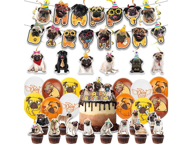 Pug Party Decorations Funny Pug Birthday Banner Hanging Swirls Cake Topper Balloons Cupcake Toppers Pug Birthday Party Supplies With Different Dog...