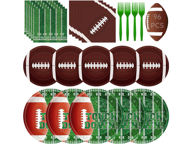 96 Pcs Football Plates and Napkins Forks Sets - Rugby Sports Themed Round Tableware, Disposable Touch Down Paper Plates Napkins Set for Football...