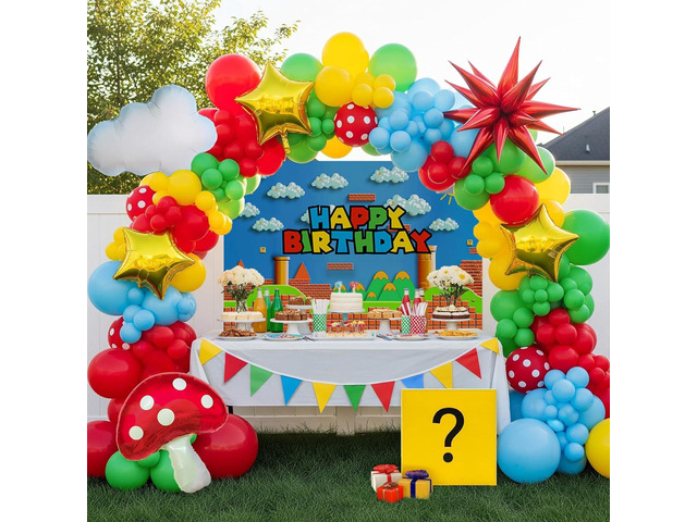 Super Bros Party Decorations with Balloon arch Kit Polka dot printed Balloon Cloud Mushroom Star Balloons Banner Birthday Backdrop for Cartoon...
