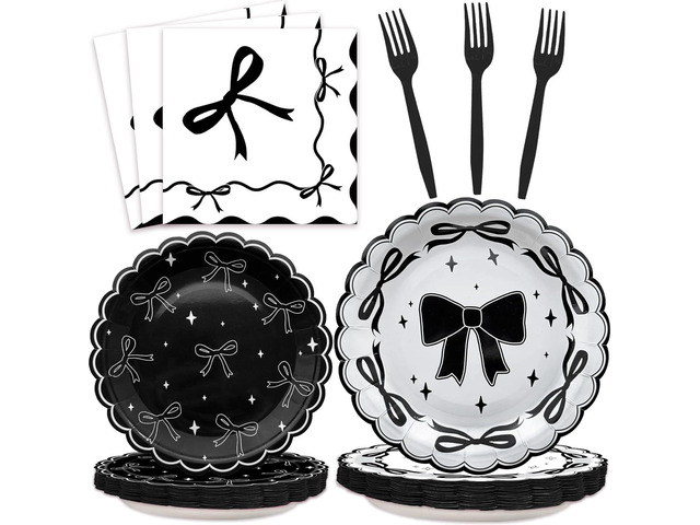 96 Pcs Black Bow Birthday Party Supplies Disposable Tableware Set Serve 24 Guests Include Black Bow Plates and Napkins Forks for Bridal Engagement...