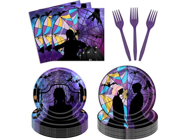96 Pcs Wednesday Plates and Napkins Party Supplies Gothic Wednesday Party Supplies Including Wednesday Party Plates and Napkins Forks, Wednesday...