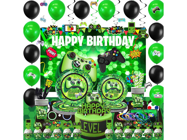 Green Gamer Birthday Party Decoration - 217Pcs Video Game Gaming Party Supplies For Boys Birthday Party - Backdrop, Table Cover, Plates, Cups,...
