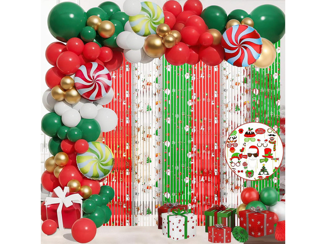 MEHOFOND 164pcs Merry Christmas Party Decorations Set, Christmas Foil Fringe Curtains, Red Green Gold Balloons Arch Garland Favors for Kids Adults...