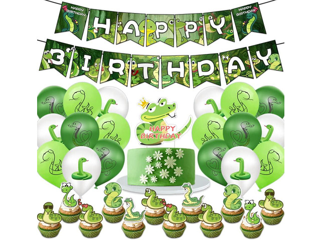 Snake Birthday Decorations 32 Pcs Snake Party Supplies with Green Banner Cake & Cakecup Topper Balloons for Kids Boys Birthday Party Decor
