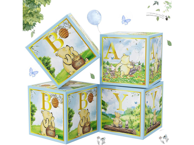 Classic Winnie Baby Shower Boxes Blue for Newborn Baby Boy Girl, Vintage Winnie Bear First 1st Birthday Party Decorations the Pooh Theme Box Block...