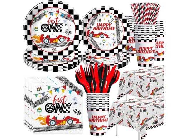 Xigejob Race Car 1st Birthday Party Supplies - Race Car Theme Fast One Birthday Decorations Tableware, Paper Plate, Napkin, Cup, Tablecloth,...