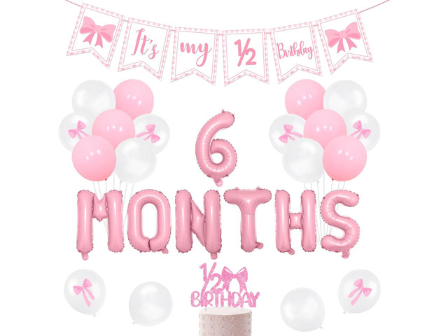 Half Birthday Decorations - Pink Gingham Banner Bow, Balloons, Cake Topper for Girls 6 Month Party Supplies