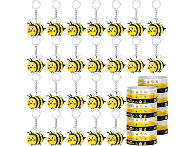 Sureio 48 Pieces Cute Bee Party Favors Bulk Bee Rubber Bracelets and Keychain Honeybee Rubber Wristband Birthday Party Favors Decorations for...