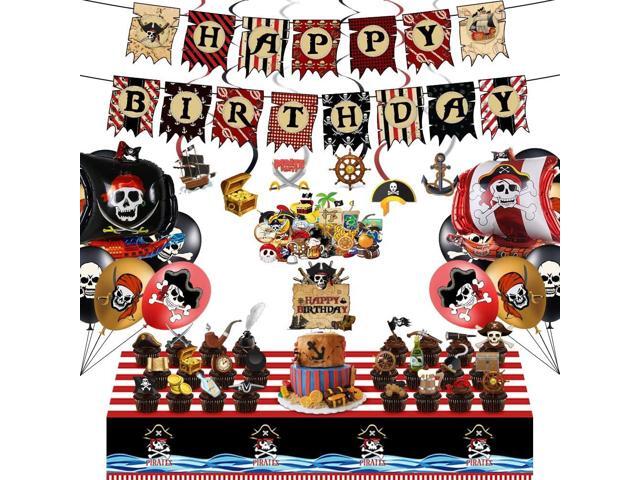 Pirate Theme Party Set - 103PCS, Includes Happy Birthday Banner, Cake & Cupcake Toppers, Hanging Swirls, Balloons, Table Cover