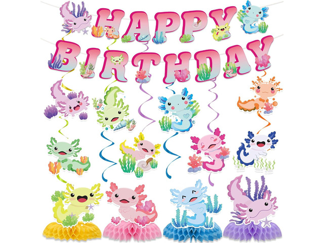 Axolotl Birthday Decorations Include Colorful Axolotl Happy Birthday Banners Hanging Swirls Honeycomb Centerpiece Reptile Animals Axolotl Theme...