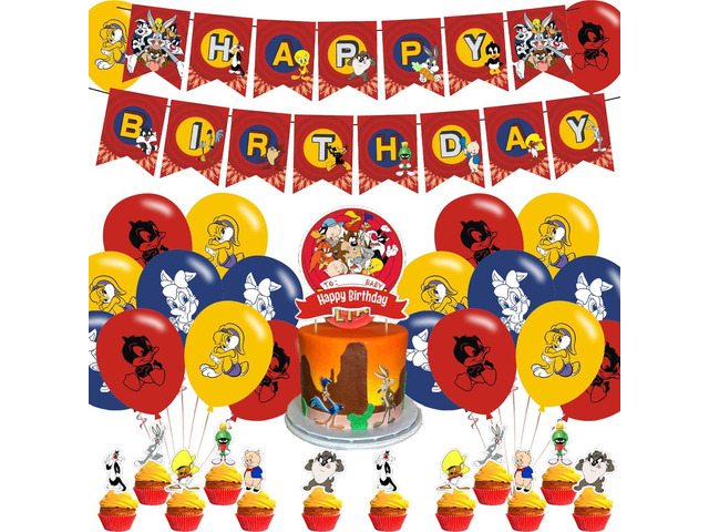 Looney Tunes Birthday Party Supplies - Banner, 18 Balloons, 12 Cupcake Toppers - Red, Yellow, Blue, Green Cartoon Theme