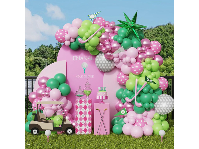 Hole in One Balloon Garland Arch Kit - 153pcs Pink Green With Star Golf Clubs and Foil Balloons for First Birthday Decoration, Girls Party, Baby...