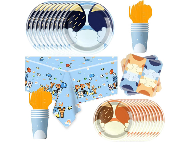 81Pcs Blue Dog Birthday Party Tableware Set Cute Dog Party Decoration Blue Cartoon Birthday Party Supplies