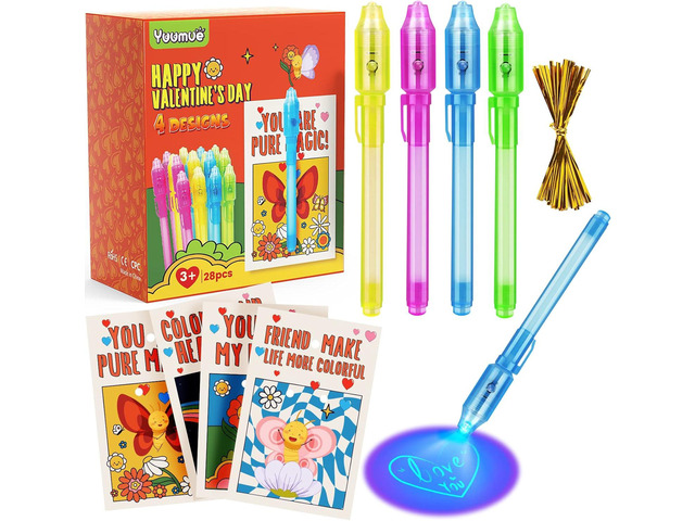 28 Packs Valentines Day Gifts Cards with Invisible Ink Pen Set, Party Favors for Kids Birthday, Spy Pen Party Supplies, Valentine School Classroom...