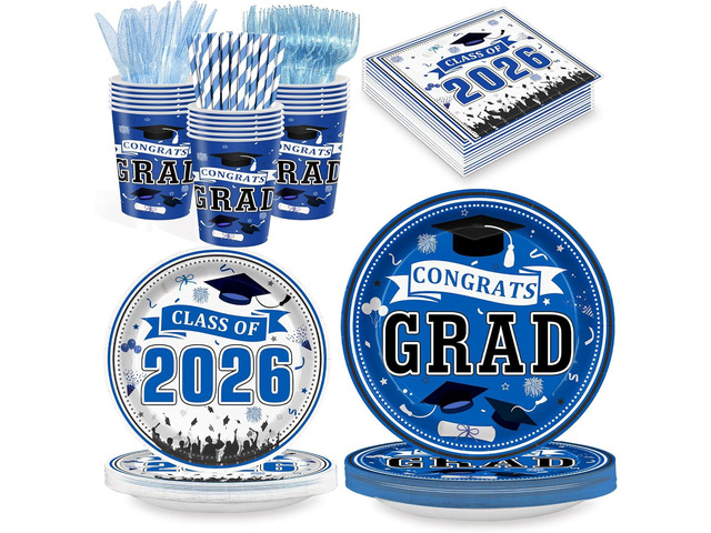 168PCS 2026 Graduation Party Supplies Blue Tableware Set Serves 24 Guests, Disposable Plates Cups Napkins Cutlery for Graduation Decorations