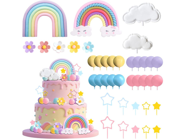 Rainbow Cake Topper Rainbow Theme Party Supplies Pastel Balls Cake Topper