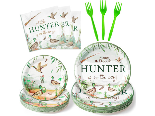 Mallard Duck Birthday Party Supplies - 96Pcs A Little Hunter is on the Way Plates Napkins Forks Tableware Set, Disposable Paper Plates Party...