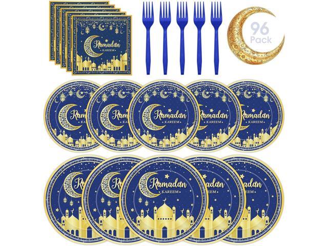 96 Pcs Ramadan Plates and Napkins Forks Sets - Blue Gold Eid Mubarak Themed Round Tableware, Disposable KAREEM Paper Plates Napkins Kit for Ramadan...