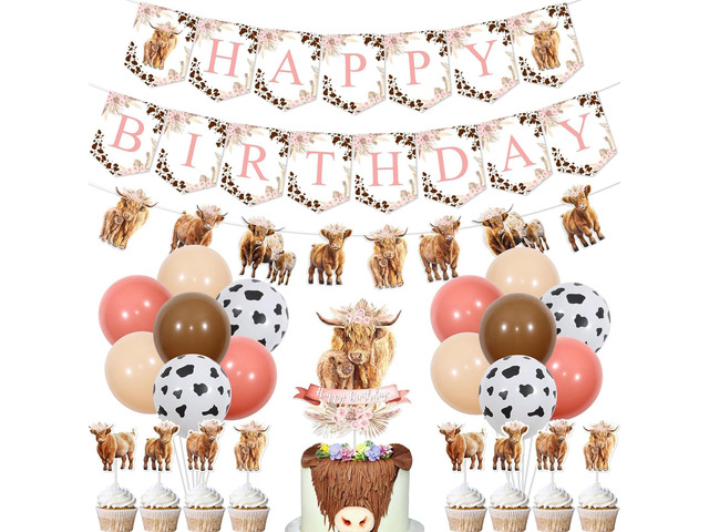 Highland Cow Birthday Decorations Girl, Boho Retro Floral Party Supplies - Happy Birthday Banner, Cattle Garland, Cake Toppers, Balloons for Farm...